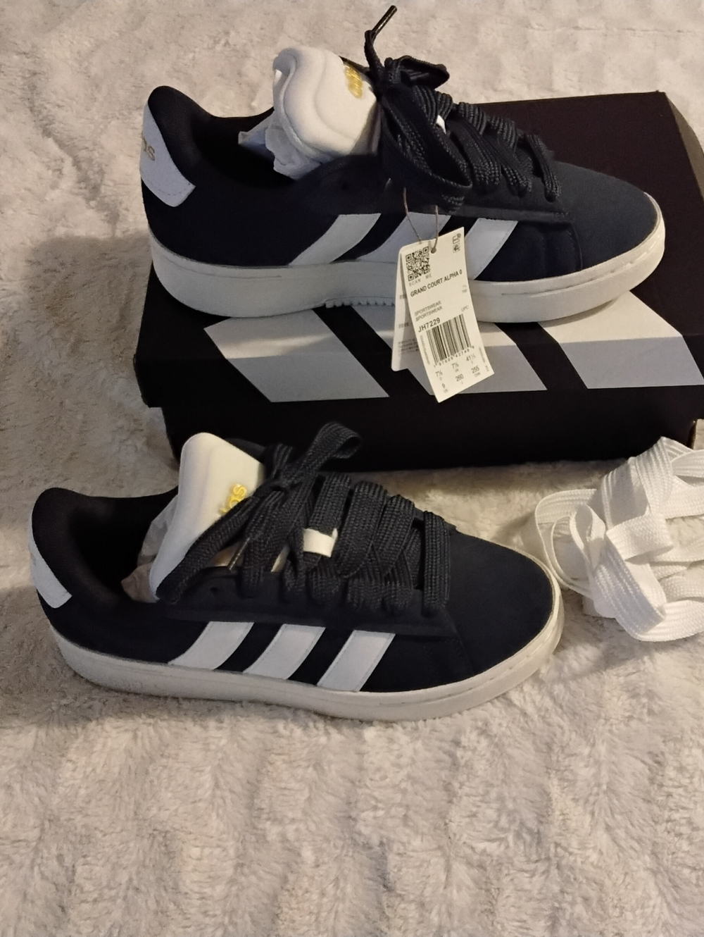 adidas Navy and White Low-Top Trainers with White Tongue and gold lettering